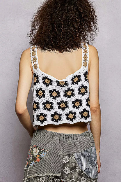 POL Handmade Crochet Floral Square Neck Cropped Cami