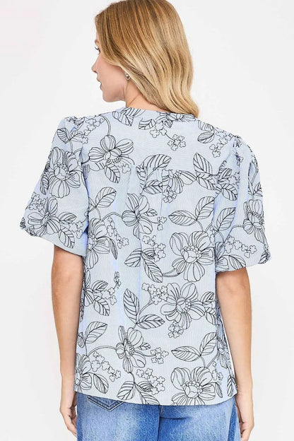 Umgee Floral Print Puff Sleeve Casual Blouse