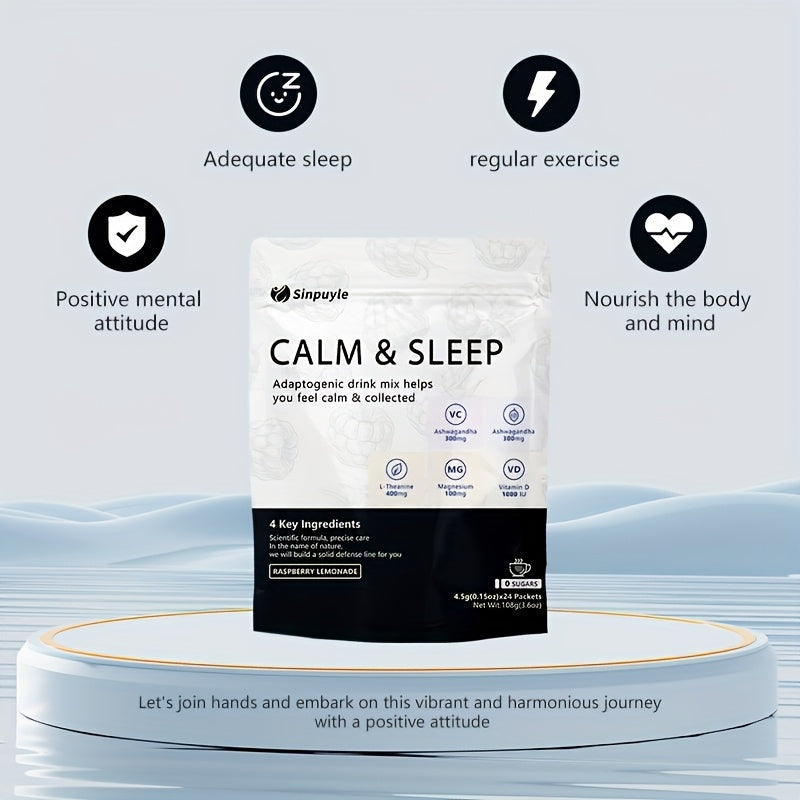 Calm & Sleep Adaptogenic Drink Mix - Raspberry Lemonade, 0 Sugars - L-Theanine, Ashwagandha & Magnesium For Relaxation & Rest, 24 Packets