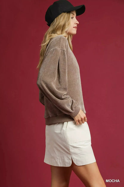 Umgee Velour Crewneck Balloon Sleeve Sweatshirt