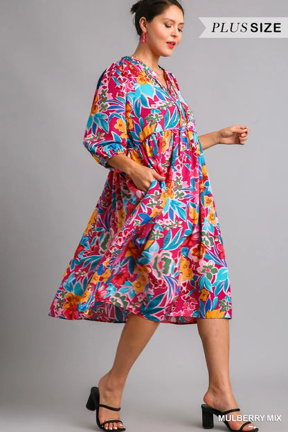 Umgee Full Size Floral Print Tie Neck Midi Dress with Pockets Plus Size