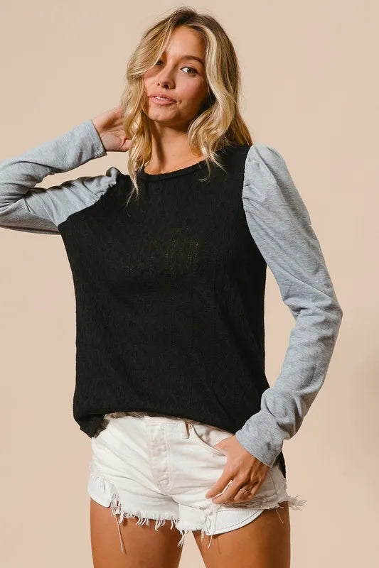BiBi Cable Sweater Knit Top with Contrast Puff Sleeve