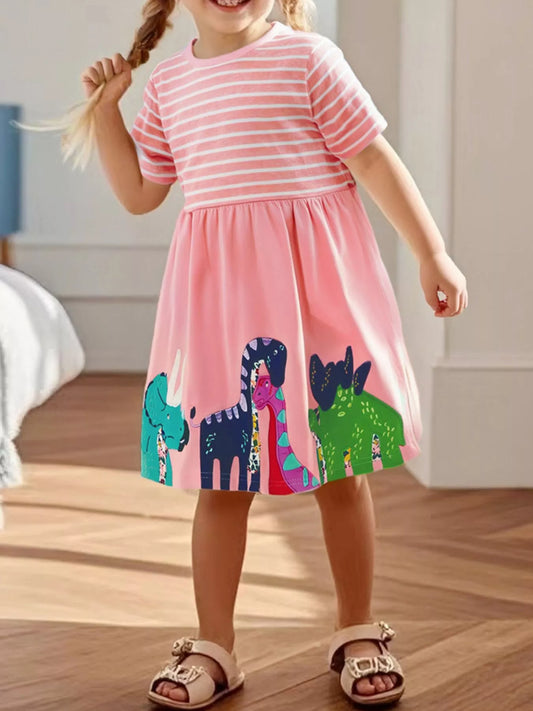 Children's Dinosaur Striped Casual Dress