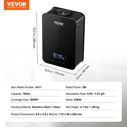 VEVOR Upgrade HVAC Scent Diffuser, Smart Scent Air Machine For Home, 180ML With Cold Air Technology, Waterless Essential Oil Diffuser, Cover Up To 2000 Sq.Ft For Living Room, Office, Spa, Hotel