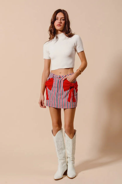 SO ME Contrast Bow Knot Pocket Fourth Of July Denim Skirt