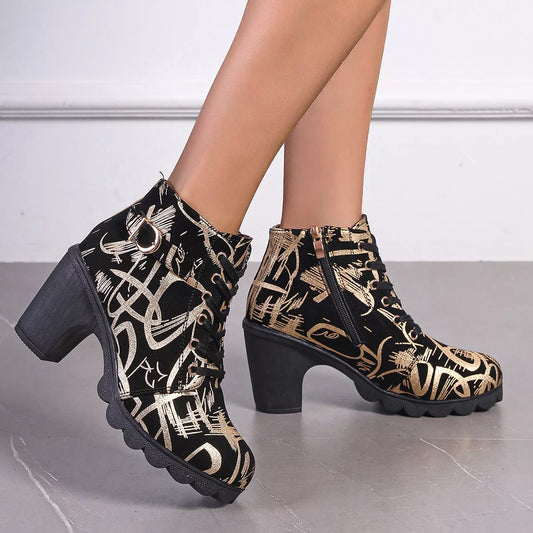 Printed Lace-Up Ankle Boots with Block Heel