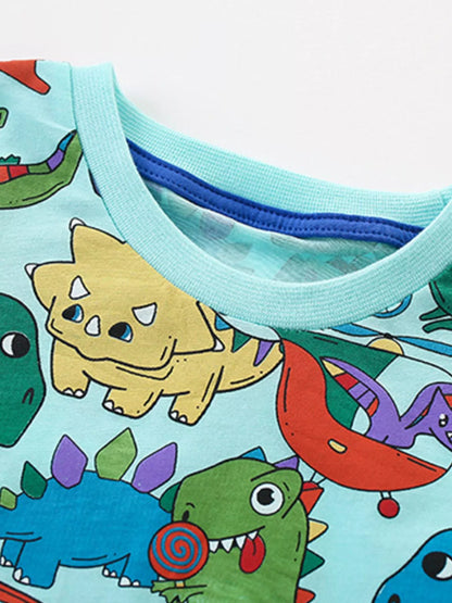 Children's Cartoon Dinosaur Round Neck Top and Shorts Set