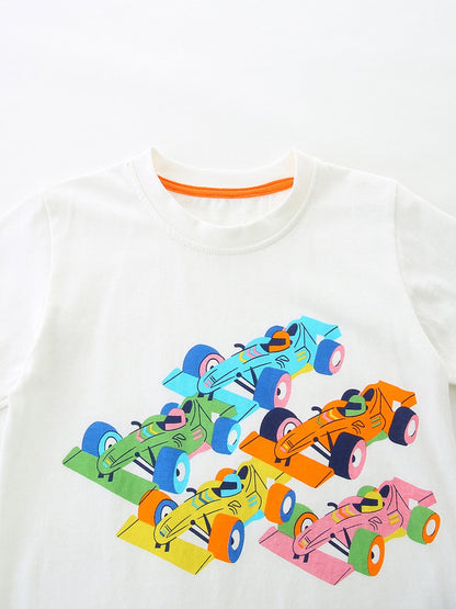 Children's Racing Car Graphic Round Neck T-Shirt