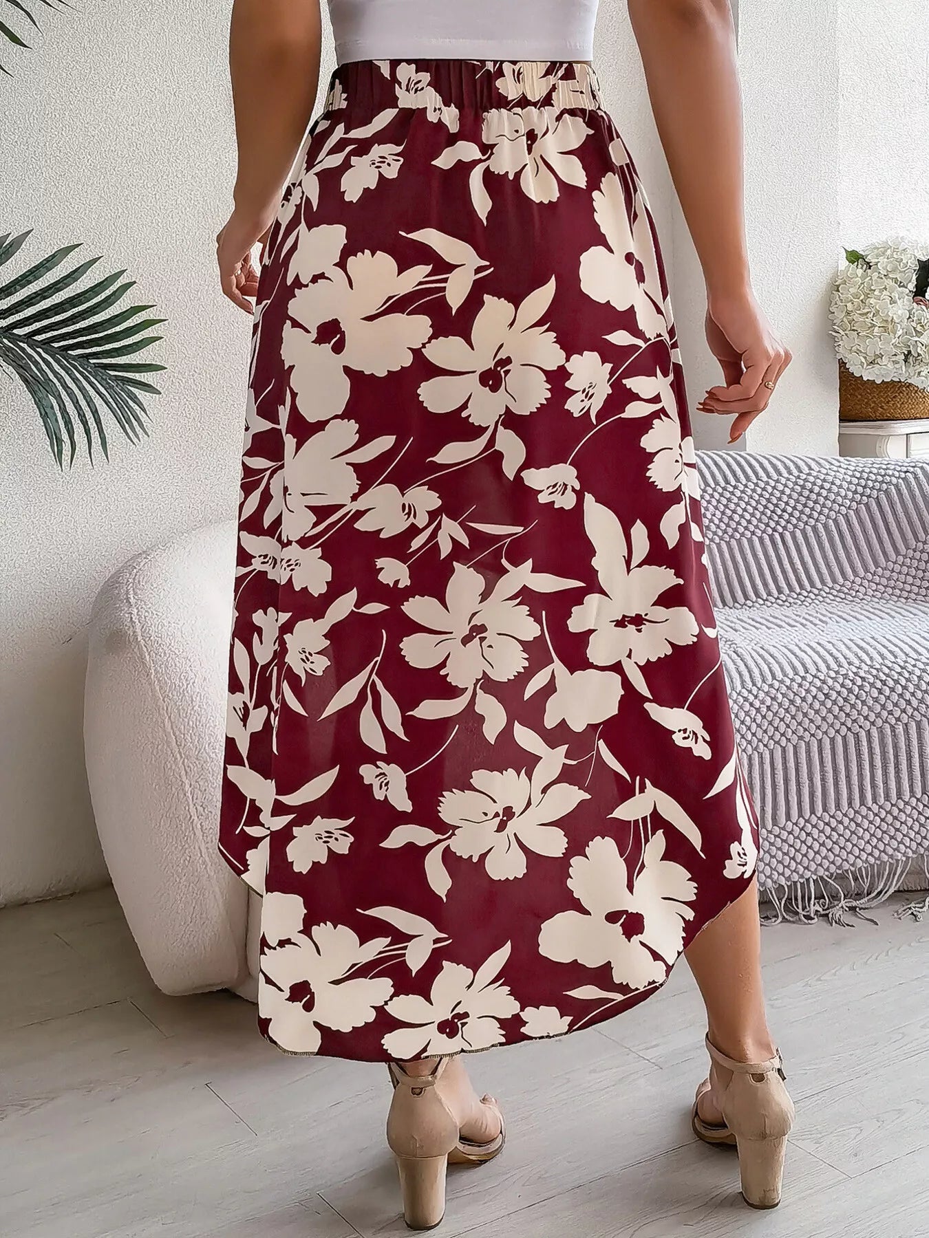 Floral Print Ruffle Hem Asymmetrical Skirt