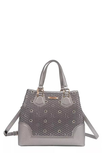 Nicole Lee USA Monogram Pattern Handbag with Rhinestones Decor