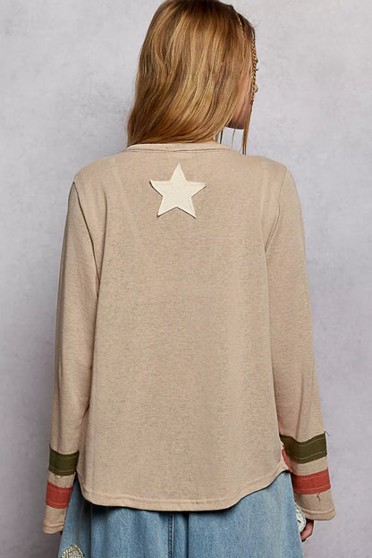 POL Double Gauze American Flag Patch V-Neck Long Sleeve T-Shirt