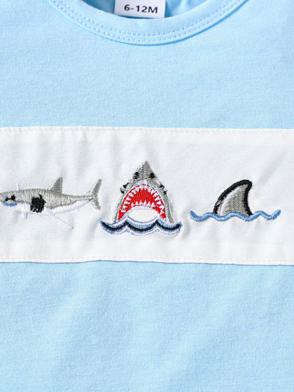 Children's Shark Embroidered T-shirt and Striped Shorts Set