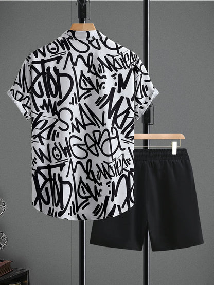 Men's Letter Print Shirt and Shots Set