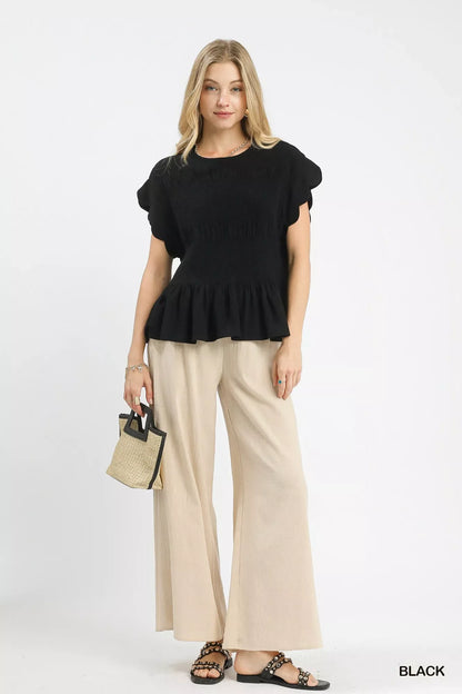 Umgee Linen Blend Smocked Peplum Blouse