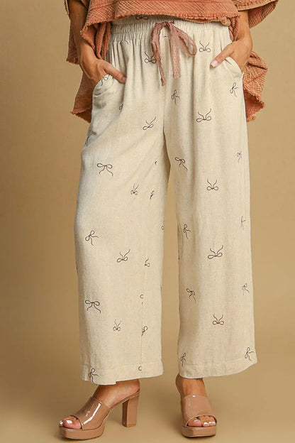 Umgee Full Size Lace Drawstring Embroidered Bow Wide Leg Pants Plus Size