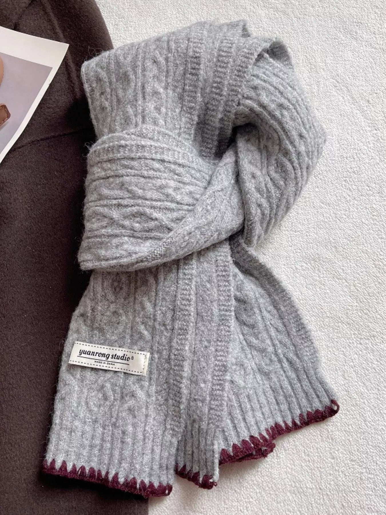 Cozy Knitted Cable-Knit Scarf with Contrast Trim
