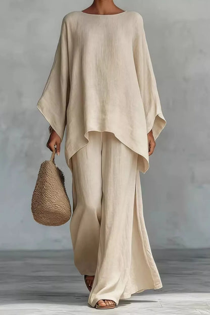 Solid Color Long Sleeve Top and Wide Leg Pants Set