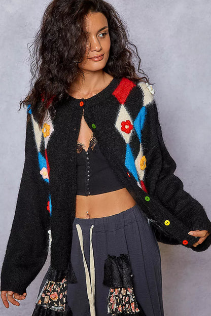 POL Button Down Diamond Pattern Round Neck Cardigan