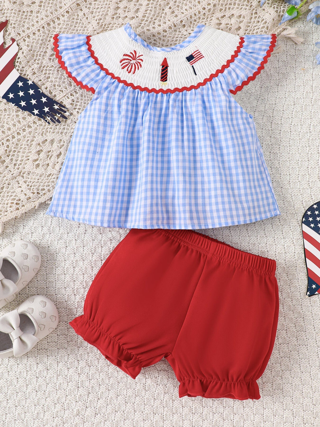 Children's Patriotic Embroidered Gingham Top and Shorts Set