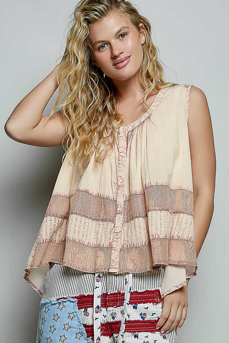 POL Button Down Round Neck Tank with Crochet Contrast