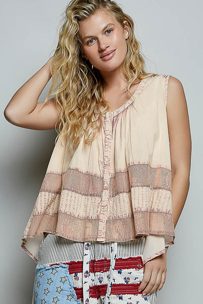 POL Button Down Round Neck Tank with Crochet Contrast