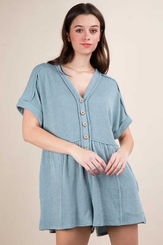 VERY J Two Tone Ribbed Knit Comfy Casual Romper