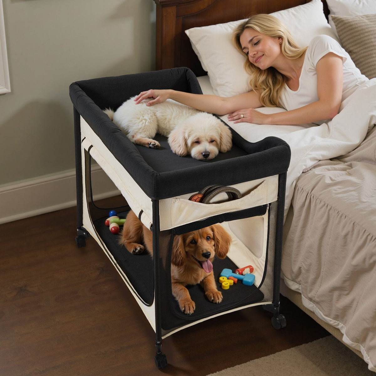 Elevated Lounge Pet Bed, Foldable Bunk Dog Bed With 600D Oxford Cloth And Dutch Velvet, Portable Raised Cot With Wheels, Side Storage Bags, And Carry Bag For Cats & Dogs, XL, Beige