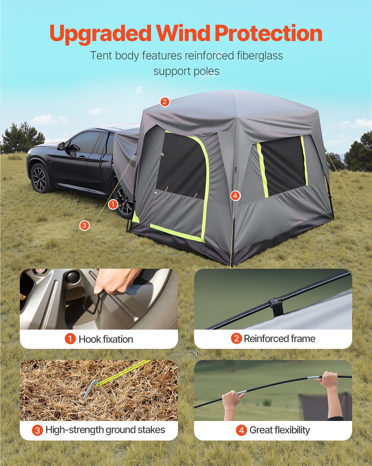 SUV Tent For Camping, 10FT L X 8FT W, Waterproof PU2000mm Spacious Double Layer Design For 5-8 Person, SUV Camping Tent With Mesh Windows, Includes Rainfly & Storage Bag, For Outdoor Activities