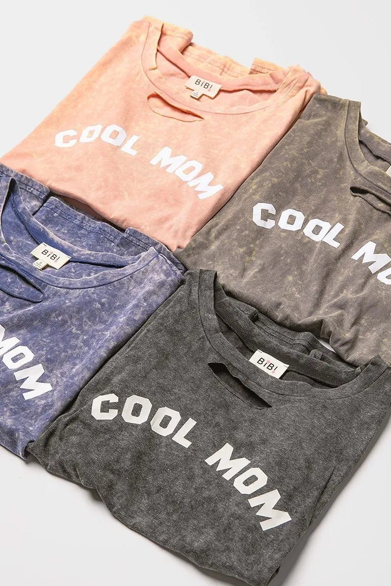 BiBi Washed Laser Cut Detail Cool Mom Print Top