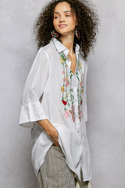 POL Floral Embroidered Half Sleeve Cotton Shirt