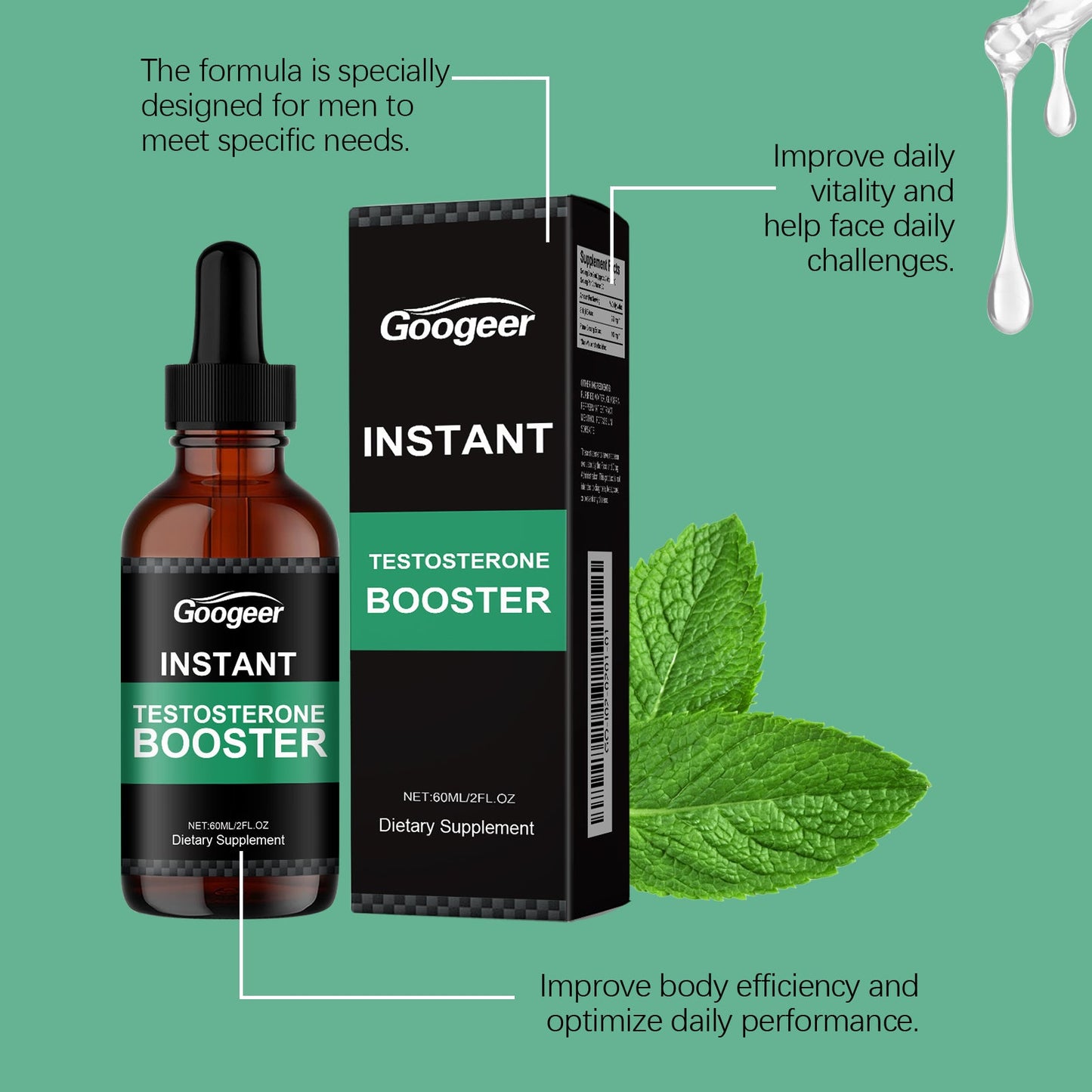 Instant Testosterone Booster Drops, Natural Dietary Supplement With Shilajit & Ginseng Extract, Fast Absorption Energy Support For Men, 60ml