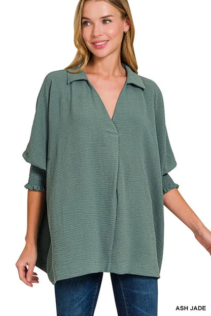Zenana Airflow Collar Tee with Smocked Sleeve Band Top