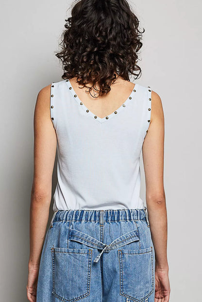 POL Studded Trim Button-Front Ruffle Detail Tank