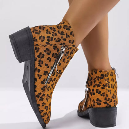 Leopard Block Heel Ankle Boots
