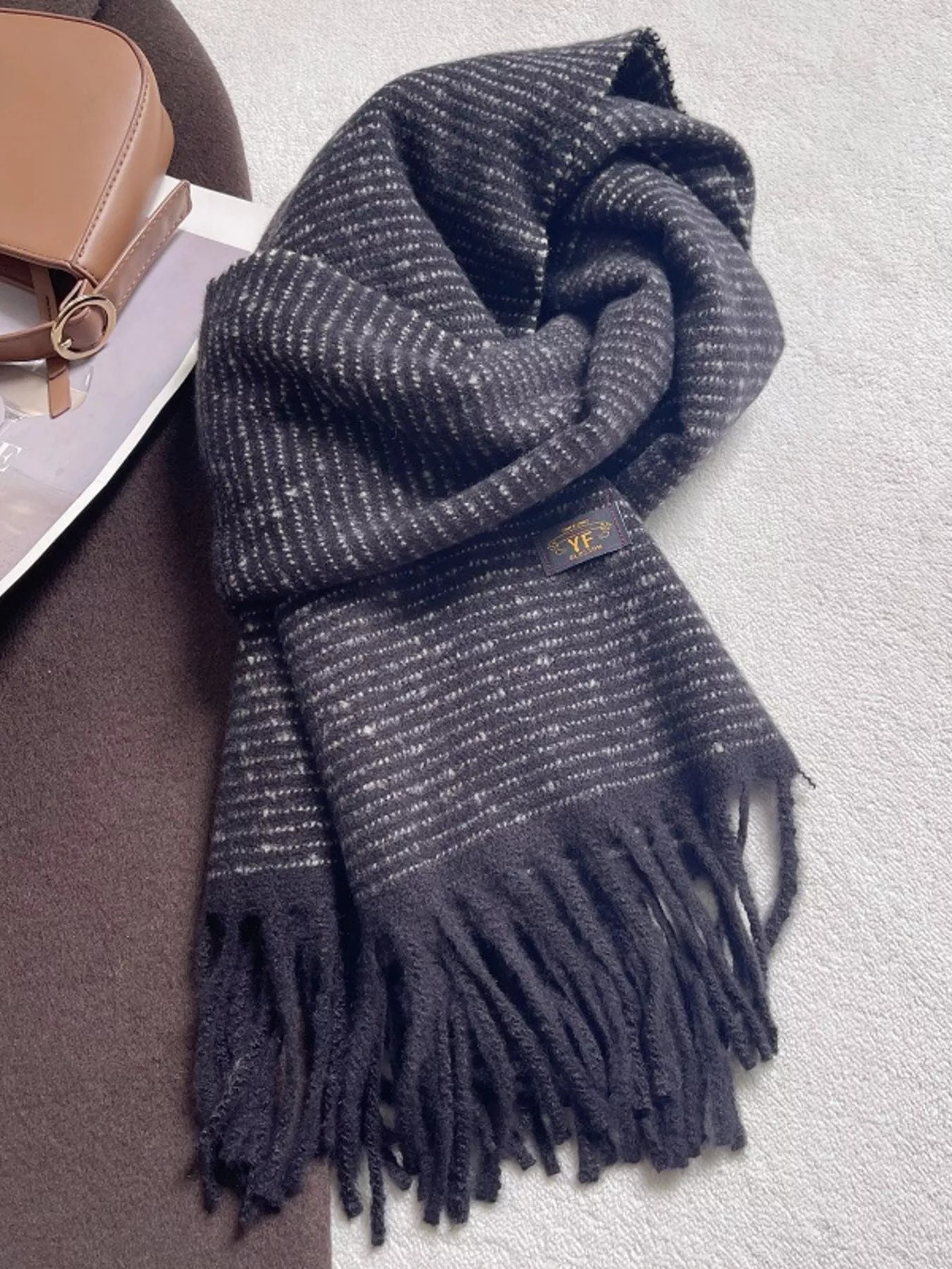 Warm Striped Tassel Scarf