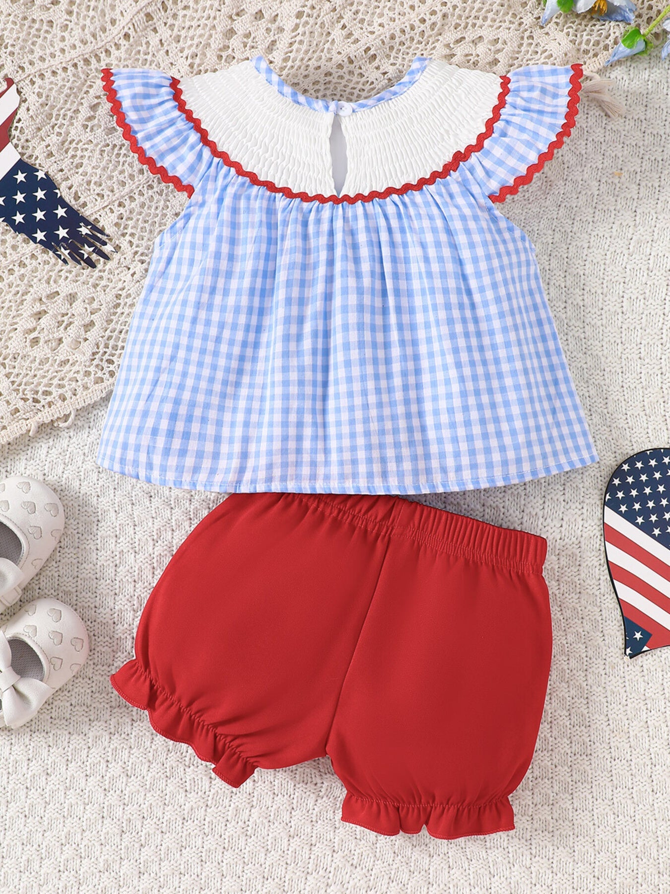 Children's Patriotic Embroidered Gingham Top and Shorts Set