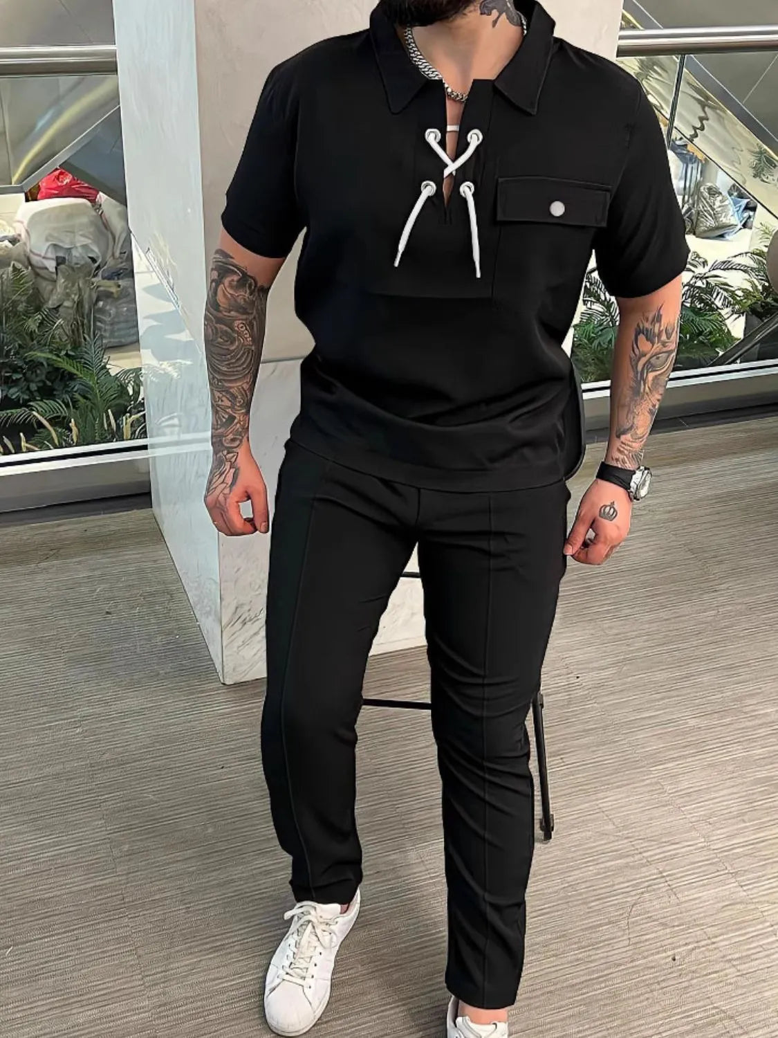 Men's Full Size Lace Up Short Sleeve Top and Pants Plus Size