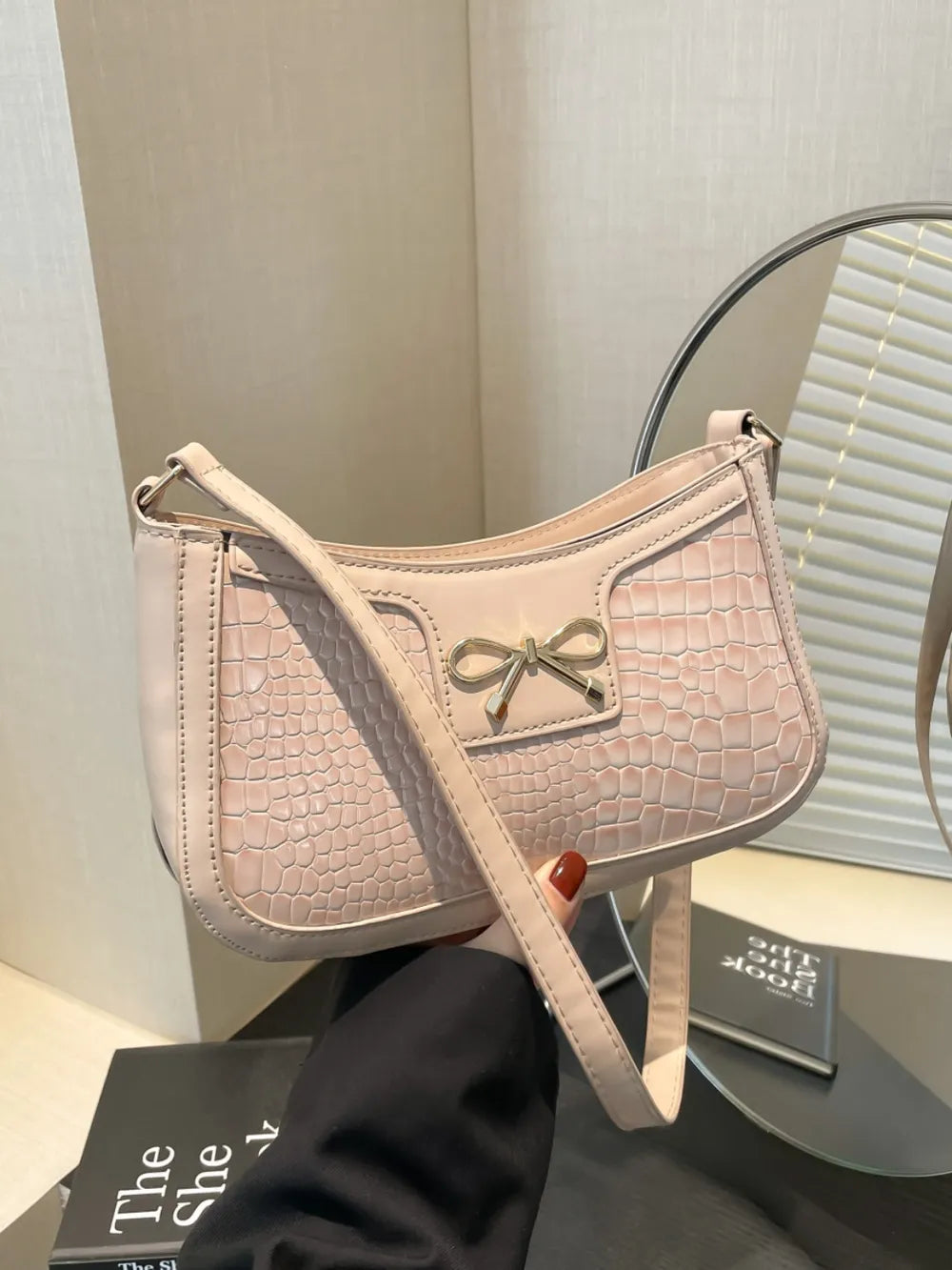 Crocodile Pattern Shoulder Bag with Bow Detail