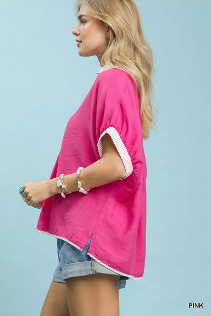 Umgee Oversized Contrast Stripe Trim Top