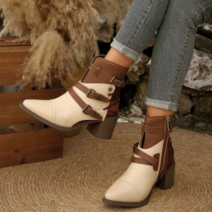 Point Toe Buckle Strap Ankle Boots with Block Heels
