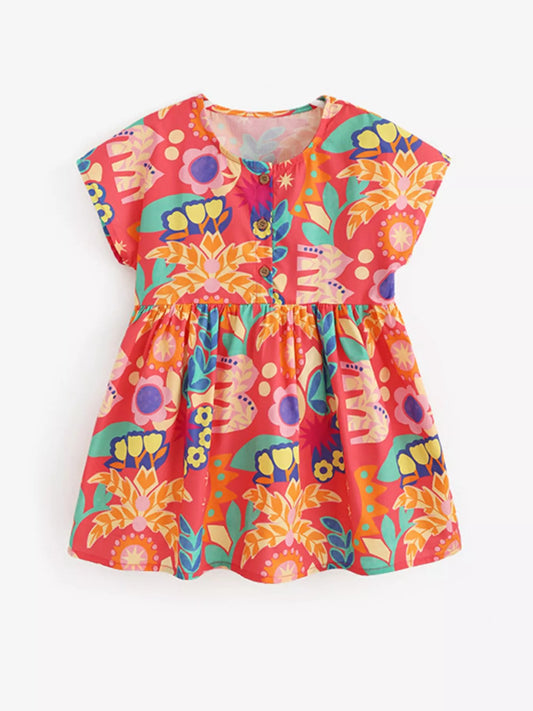 Children's Floral Print Button Detail Casual Dress
