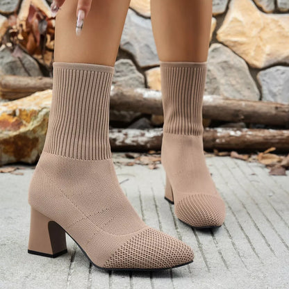 Point Toe Knit Sock Boots with Block Heels