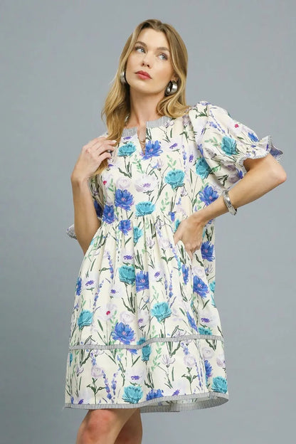 Umgee BabyDoll Floral Striped Hem Mini Dress