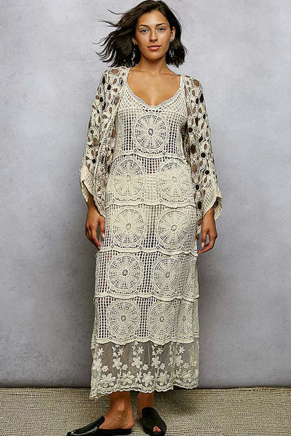 POL Open Front Floral Pattern Crochet Cardigan