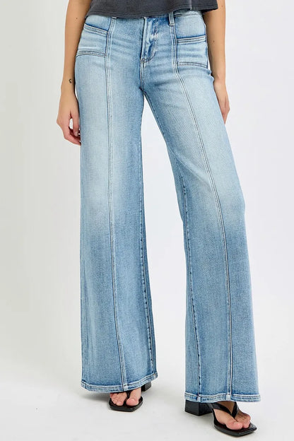 RISEN Full Size Mid Rise Wide Jeans with Front Patch Pocket Plus Size