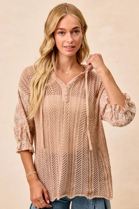 BiBi Jacquard Flower Puff Sleeve Hooded Knit Top