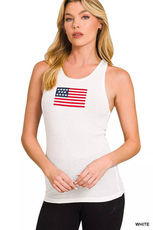 Zenana American Flag Embroidery Stretchy Ribbed Tank
