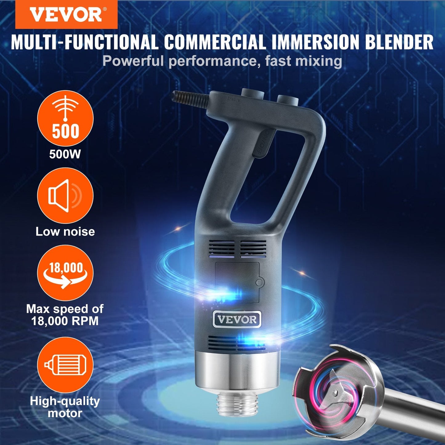 Commercial Immersion Blender, 500 Watt Heavy Duty Hand Mixer, Variable Speed Kitchen Stick Mixer With 304 Stainless Steel Blade, Multi-Purpose Portable Mixer For Soup, Smoothie, Puree, Baby Food