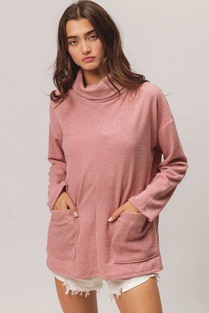BiBi Piper Rib Double Pocket Turtle Neck Sweater