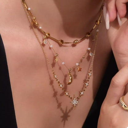 18K Gold-Plated Stainless Steel Zircon Star Moon Necklace